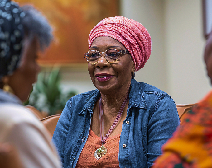 A photo of an lady waiting in a medical office waiting room